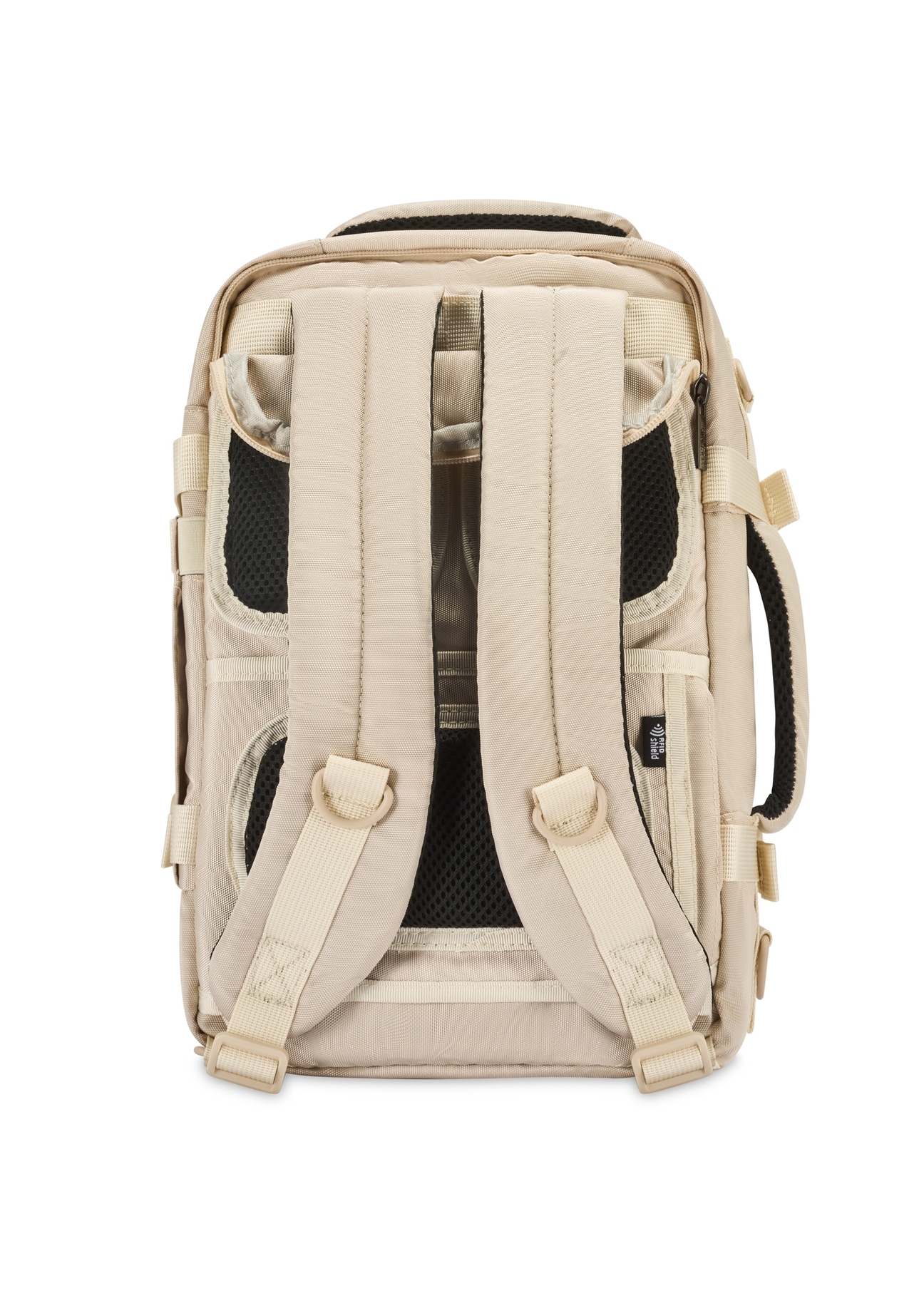 Beige airplane backpack PLCMN-0017-16(Z25), product view from the back on a white background.