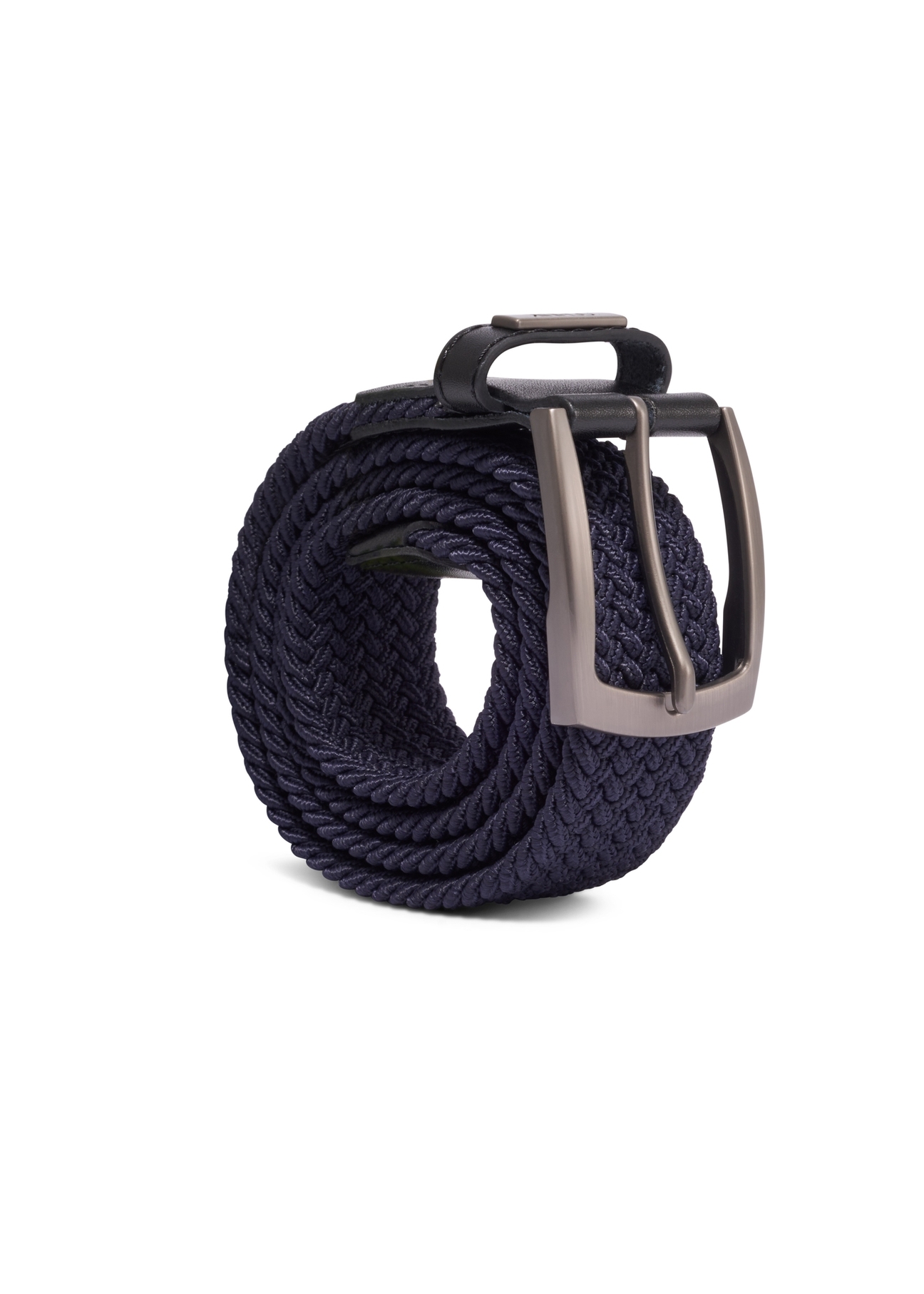 Navy blue braided men's belt PASMT-0004-7E(Z26), diagonal view of the product on a white background.
