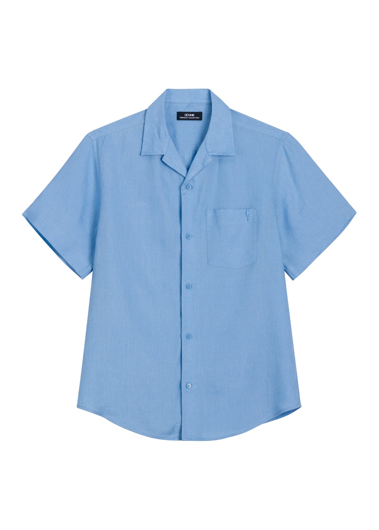 Men's blue linen shirt KOSMT-0359-7B(W26), front product view, on white background.