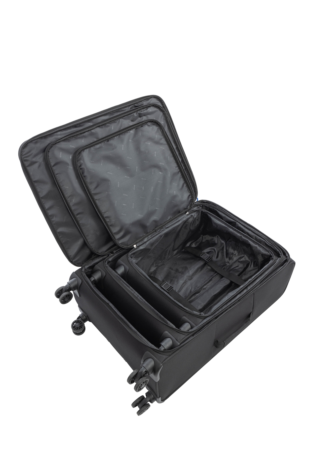 Set of 19"/24"/28" wheeled suitcases WALNY-0045-99(W26), product view inside on white background.