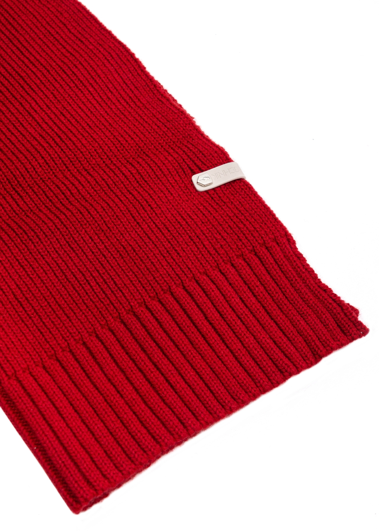 Red women's scarf with a wool blend SZADT-0177A-42(Z25), close-up of the product detail, view on a white background.