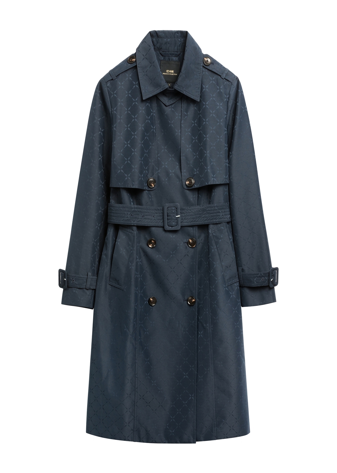 Navy blue women's coat with monogram KURDT-0651-7E(W26), front product view on white background.