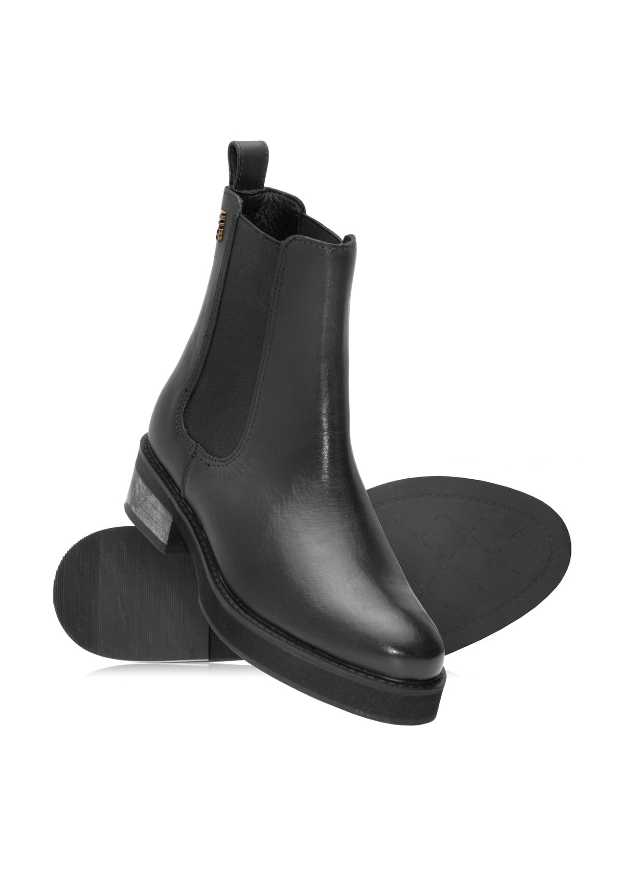 Women's black leather Chelsea boots BUTYD-1196-99(Z25), diagonal product view on a white background.