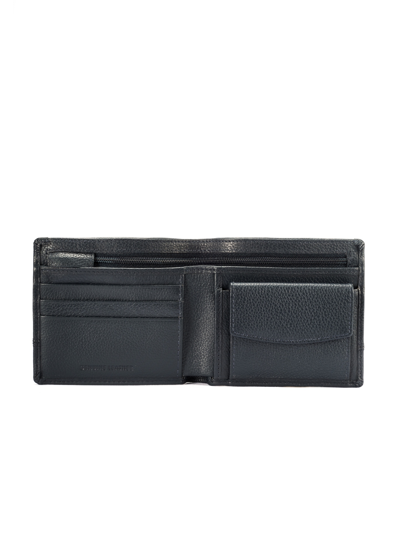 Navy blue men's leather wallet PORMS-0009B-69(W25), interior view of the product on a white background.