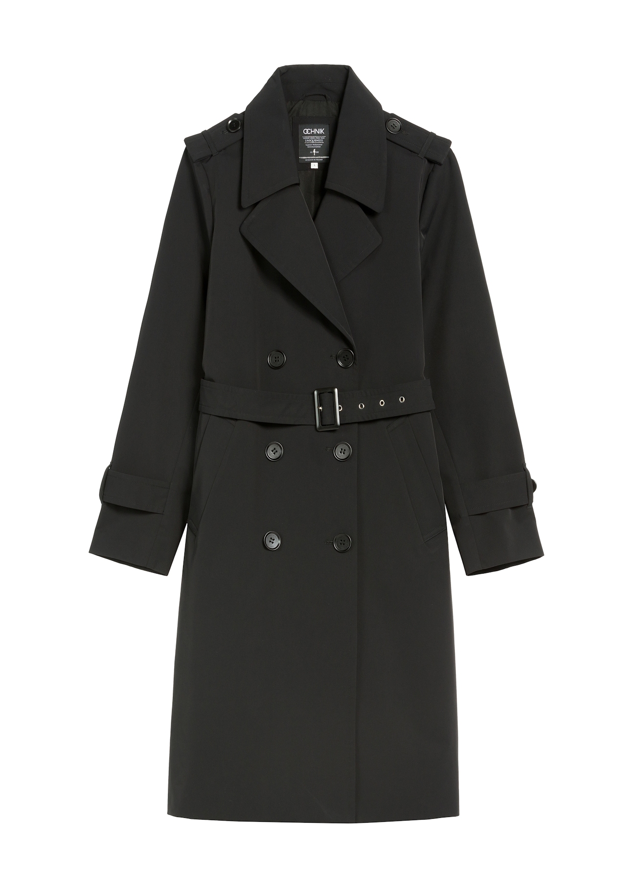 Black women's coat with insulation KURDT-0610-99(Z25), product view from the front on a white background.