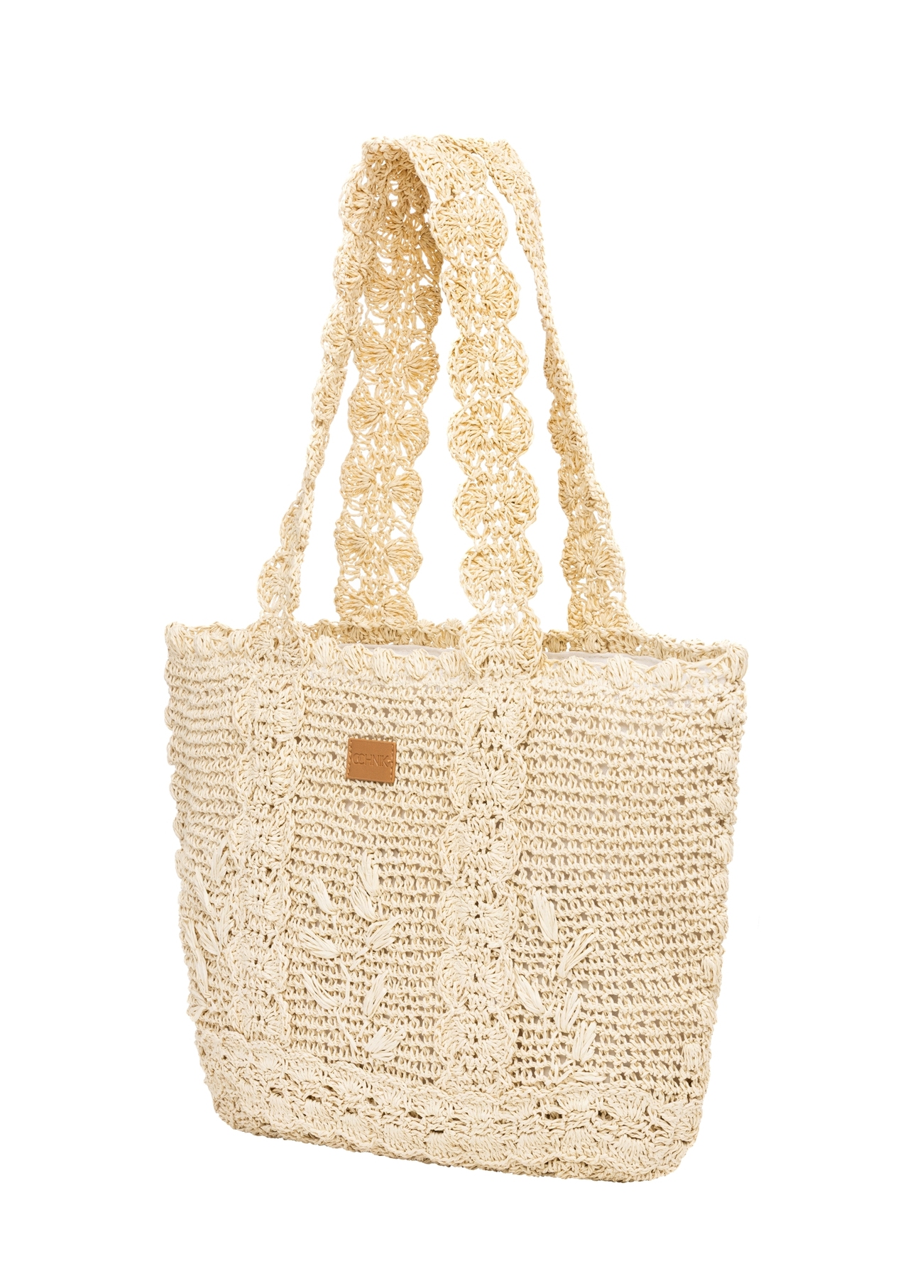 Light beige straw shopper bag TOREC-1222-1E(W26), diagonal product view on a white background.