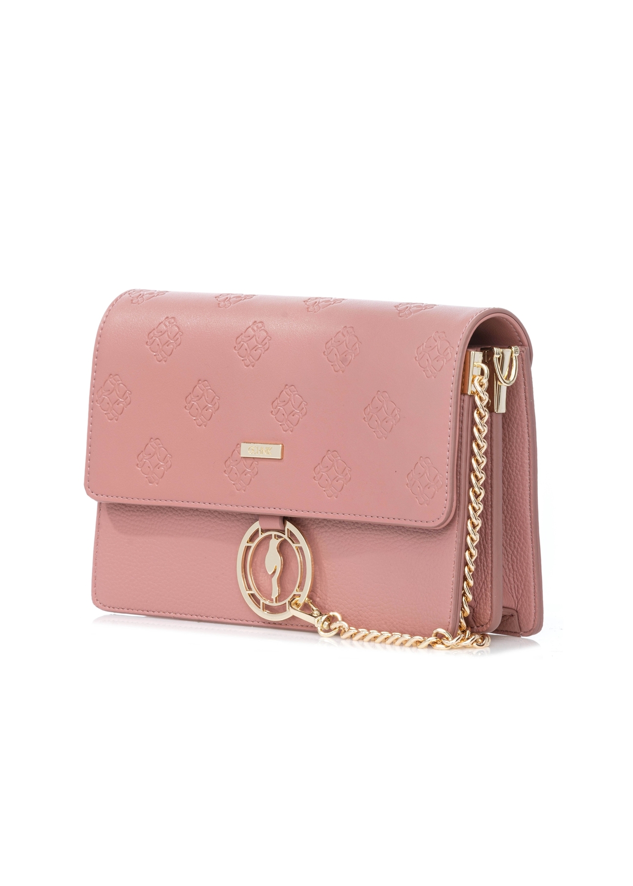 Pink women's handbag with monogram TOREC-0536-5D(W26) - diagonal product view, on a white background.