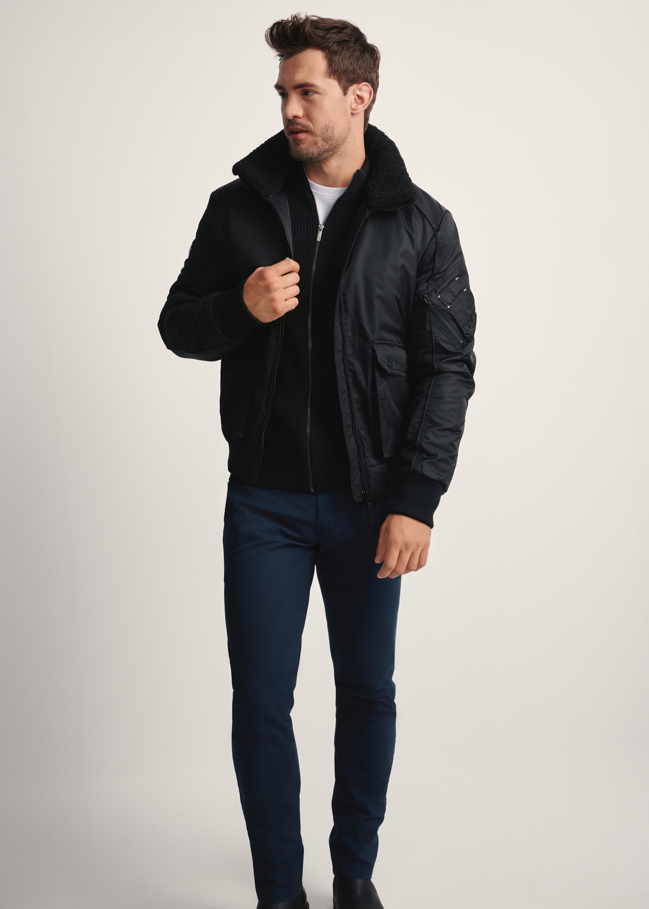 Men's black collared jacket KURMT-0399-99(Z25), front product view on model. Full body visible.