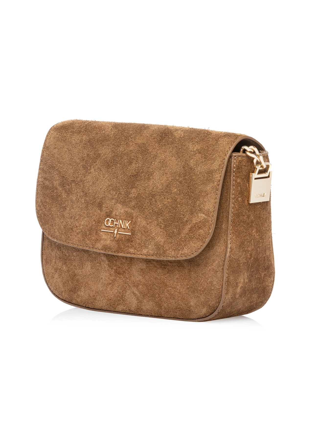 Women's suede messenger bag in camel color TORES-1304-1D(W26) - diagonal product view, on a white background.