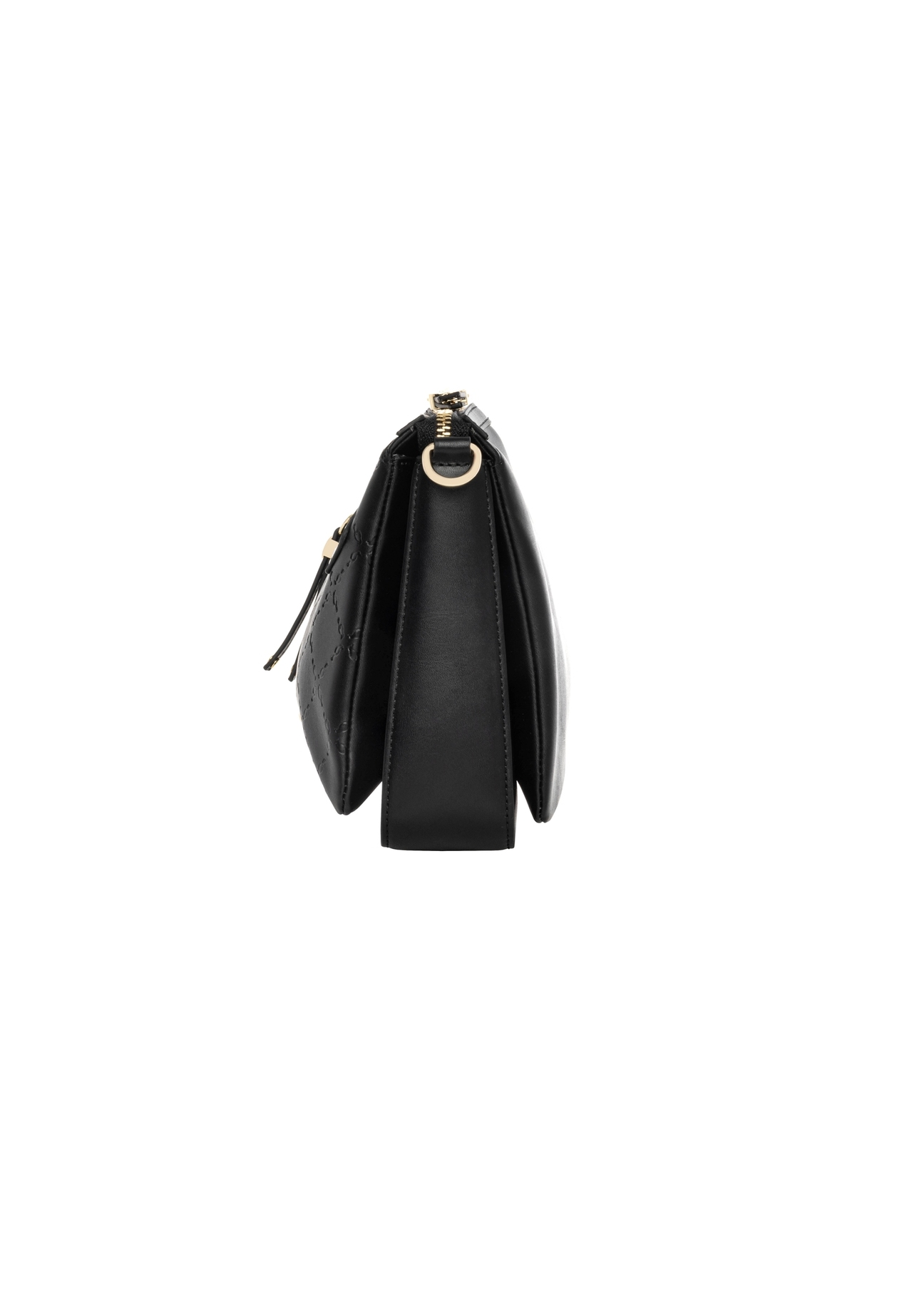 Black women's handbag with monogram TOREC-1293-9P(Z26), product view from the side on a white background.