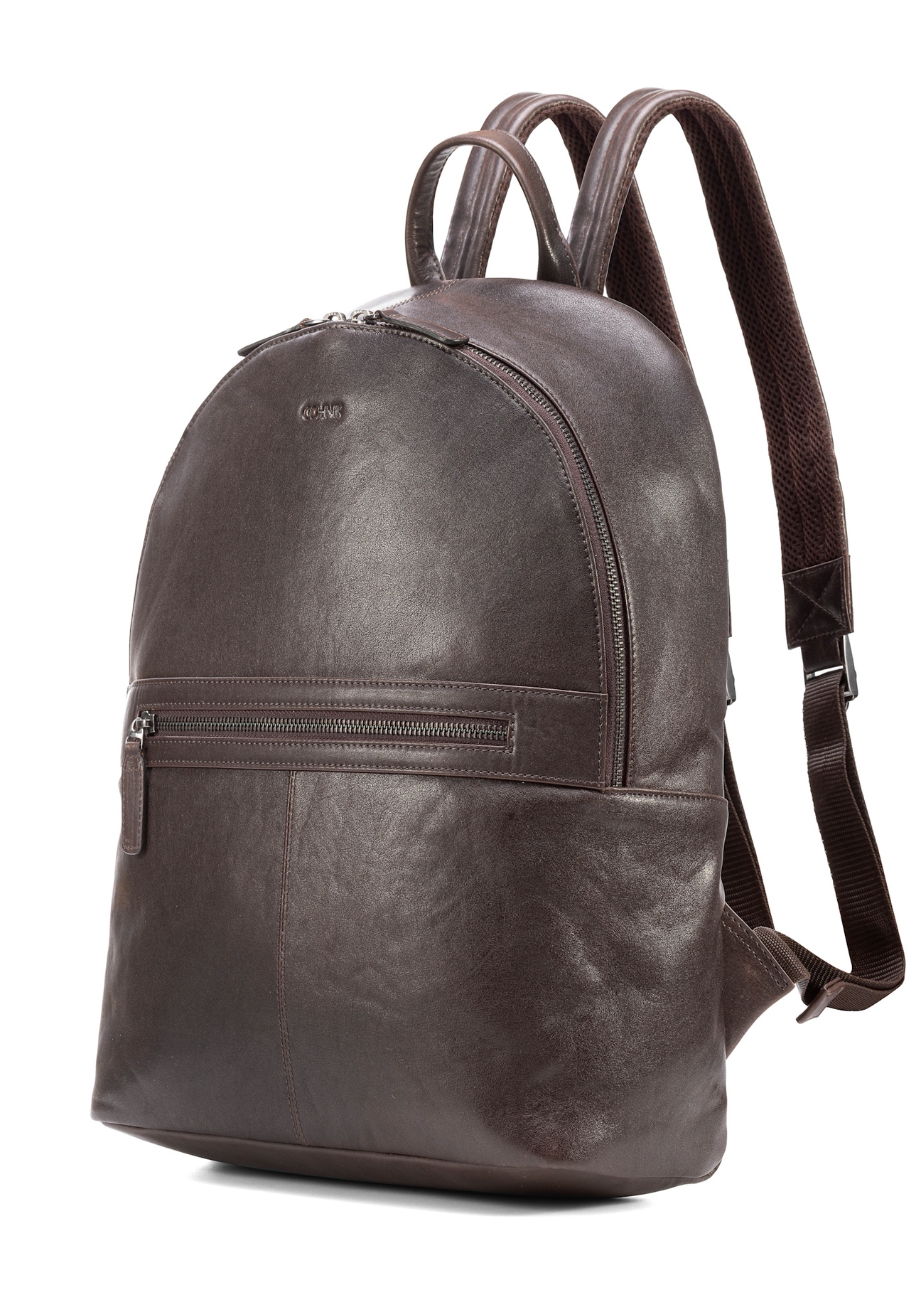 Dark brown leather men's backpack TORMS-0458-89(Z25), diagonal product view on white background.
