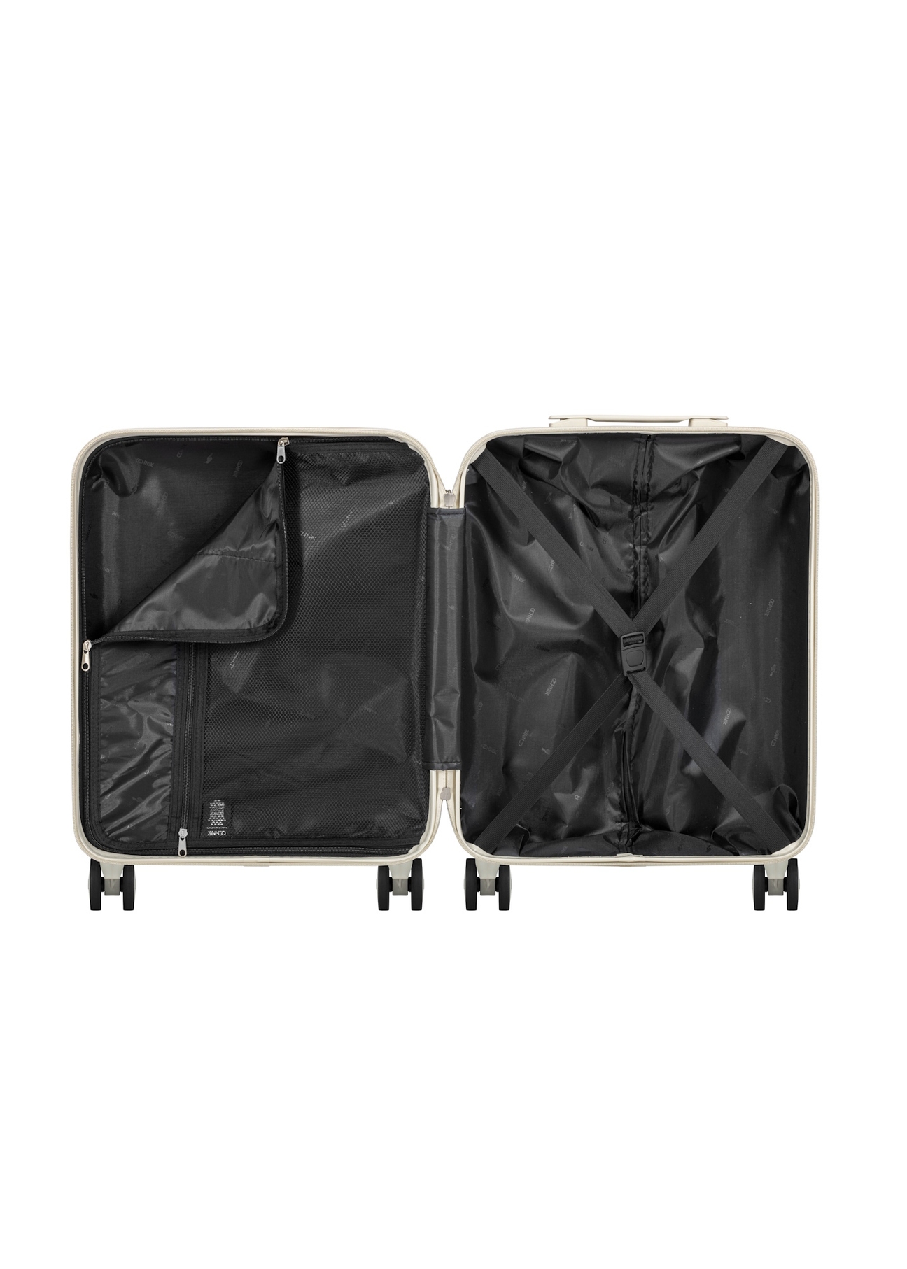 Small polka dot suitcase on wheels WALAB-0074-0P-19(W26), product view inside on white background.