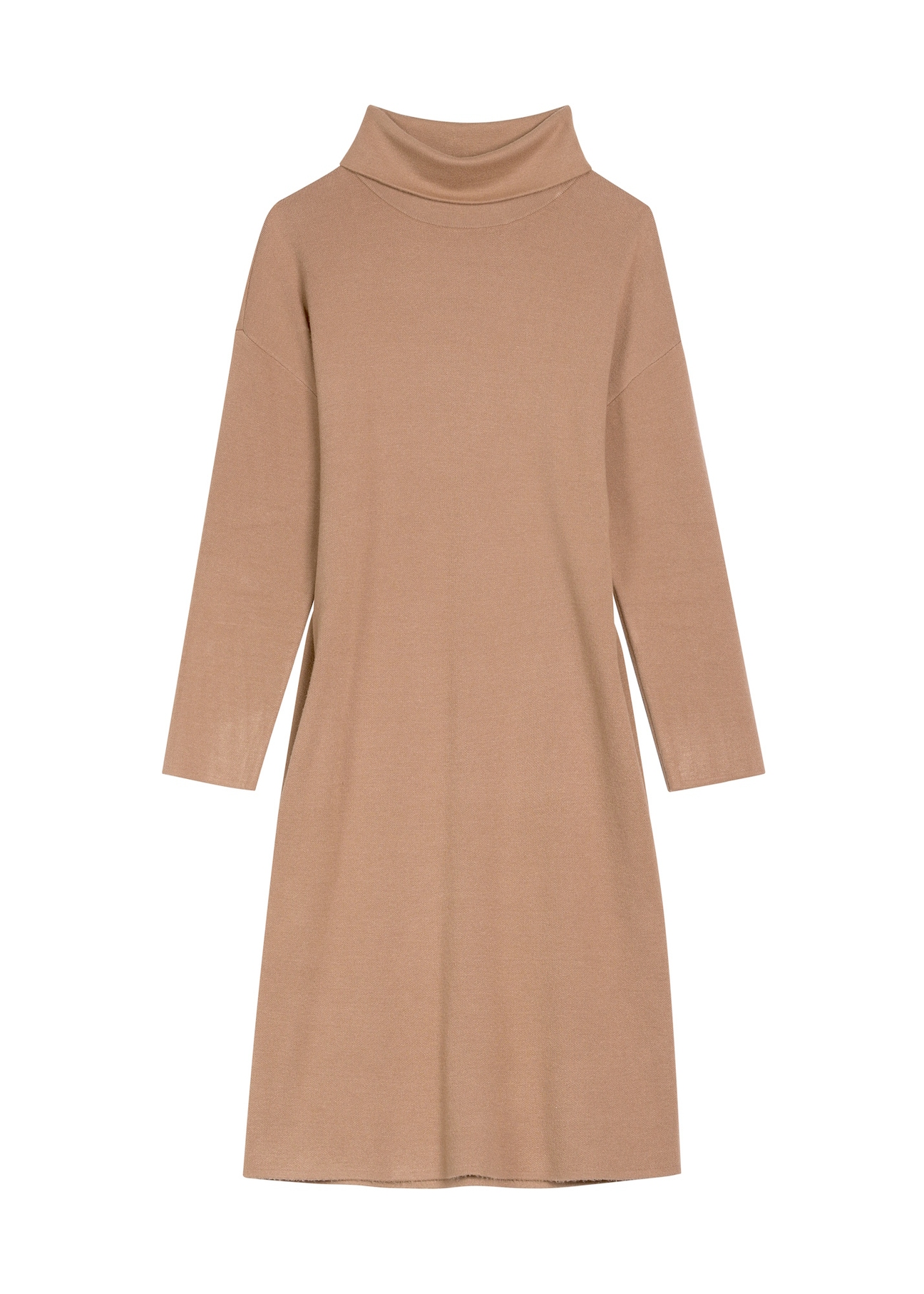 Camel-colored turtleneck dress SUKDT-0206A-1D(Z26), front view of the product on a white background.