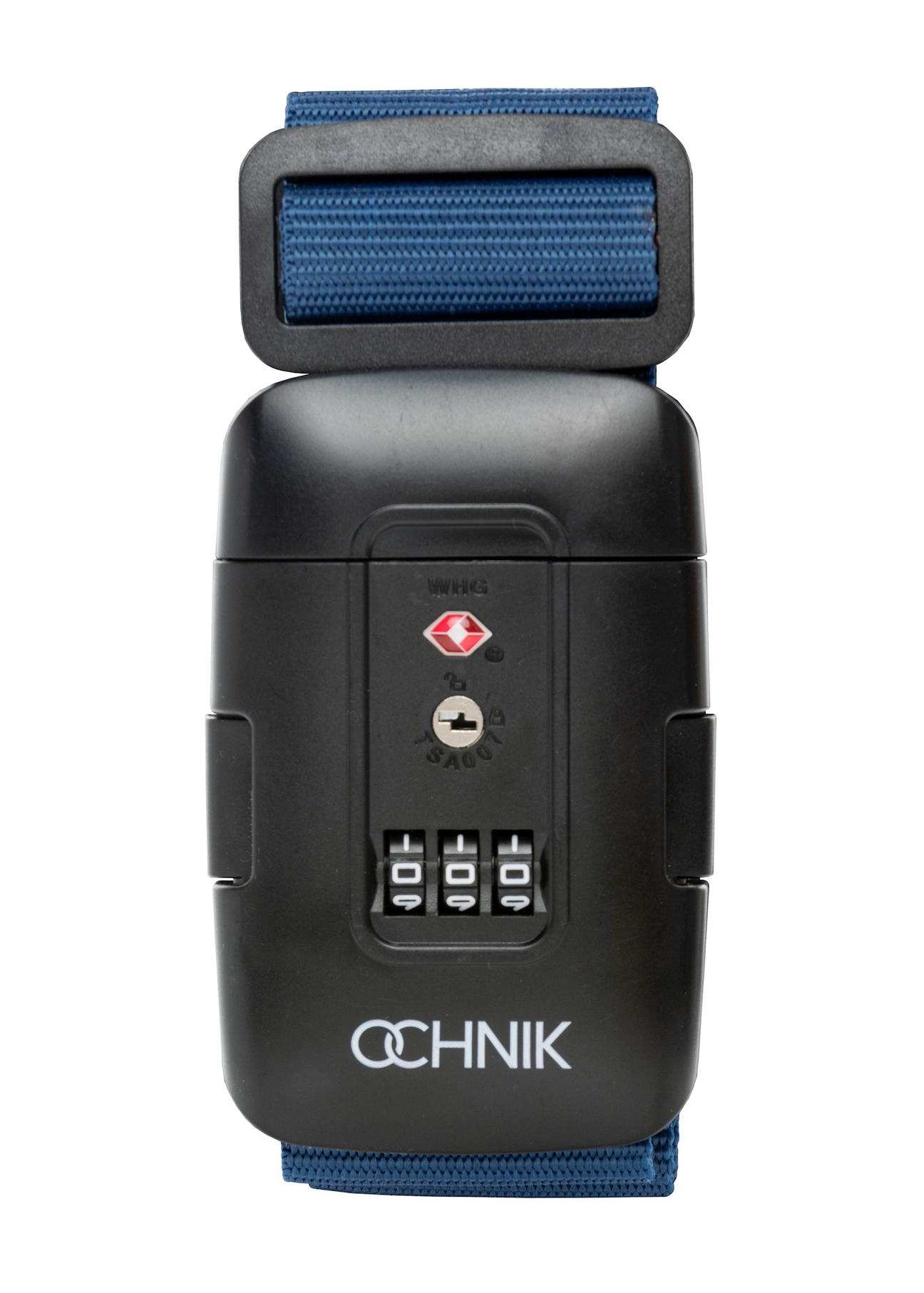 Navy blue luggage belt AW-011-004-7D(W26), front product view on white background.