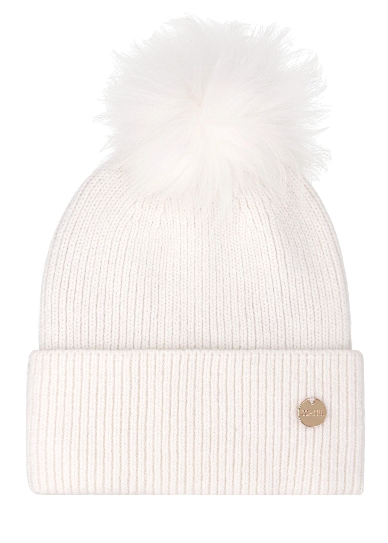 Women's ecru hat with fur pompom CZADT-0221-0B(Z26), front product view on a white background.