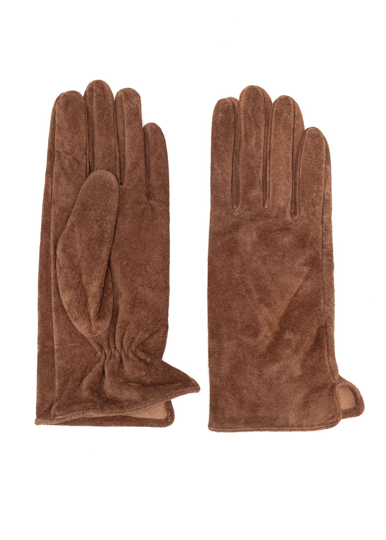 Camel suede gloves REKDS-0099-1D(Z26)- widok produktu z przodu na białym tle. 