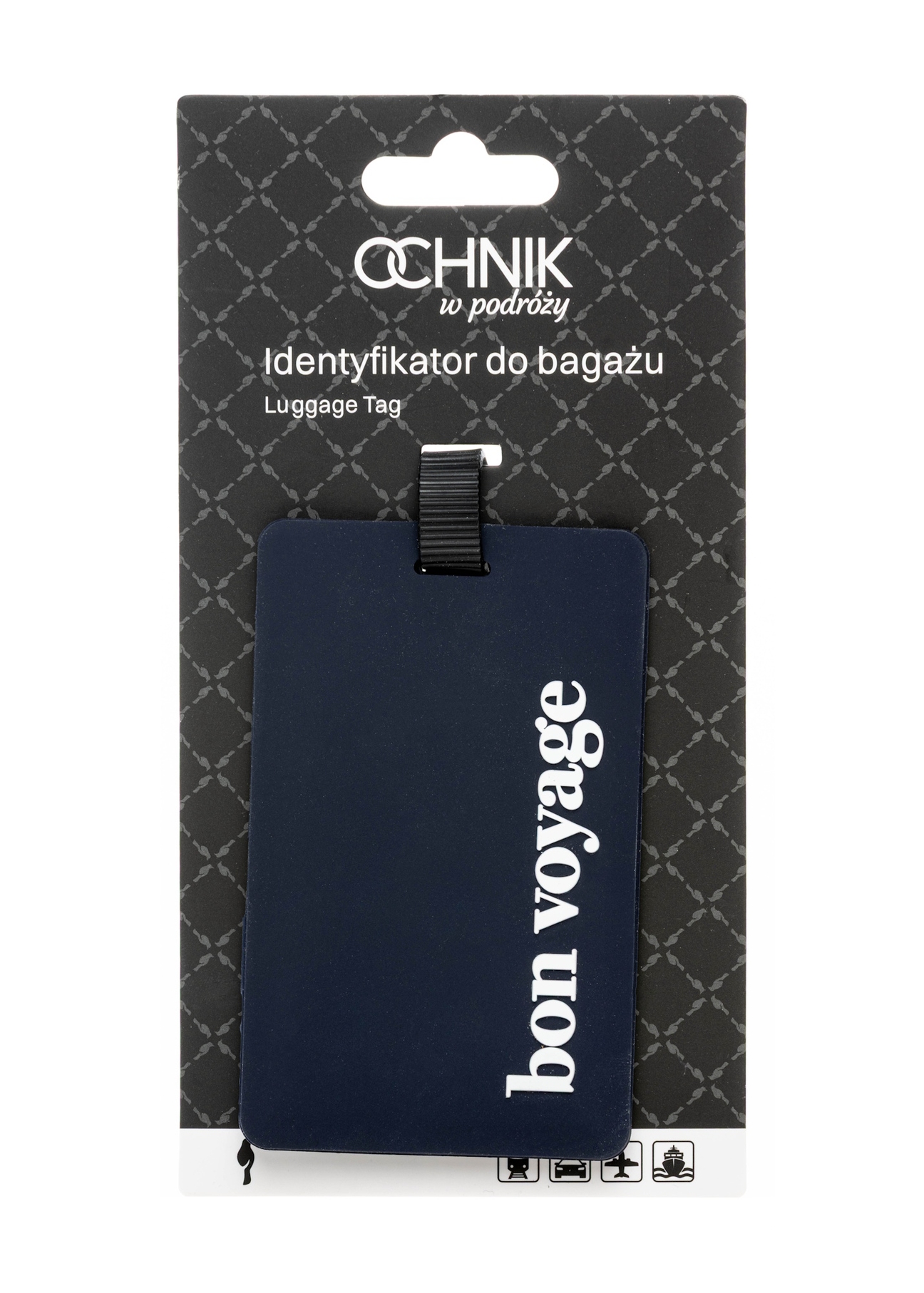 Luggage tag AW-012-0015-7D(W26), product view with packaging on white background.