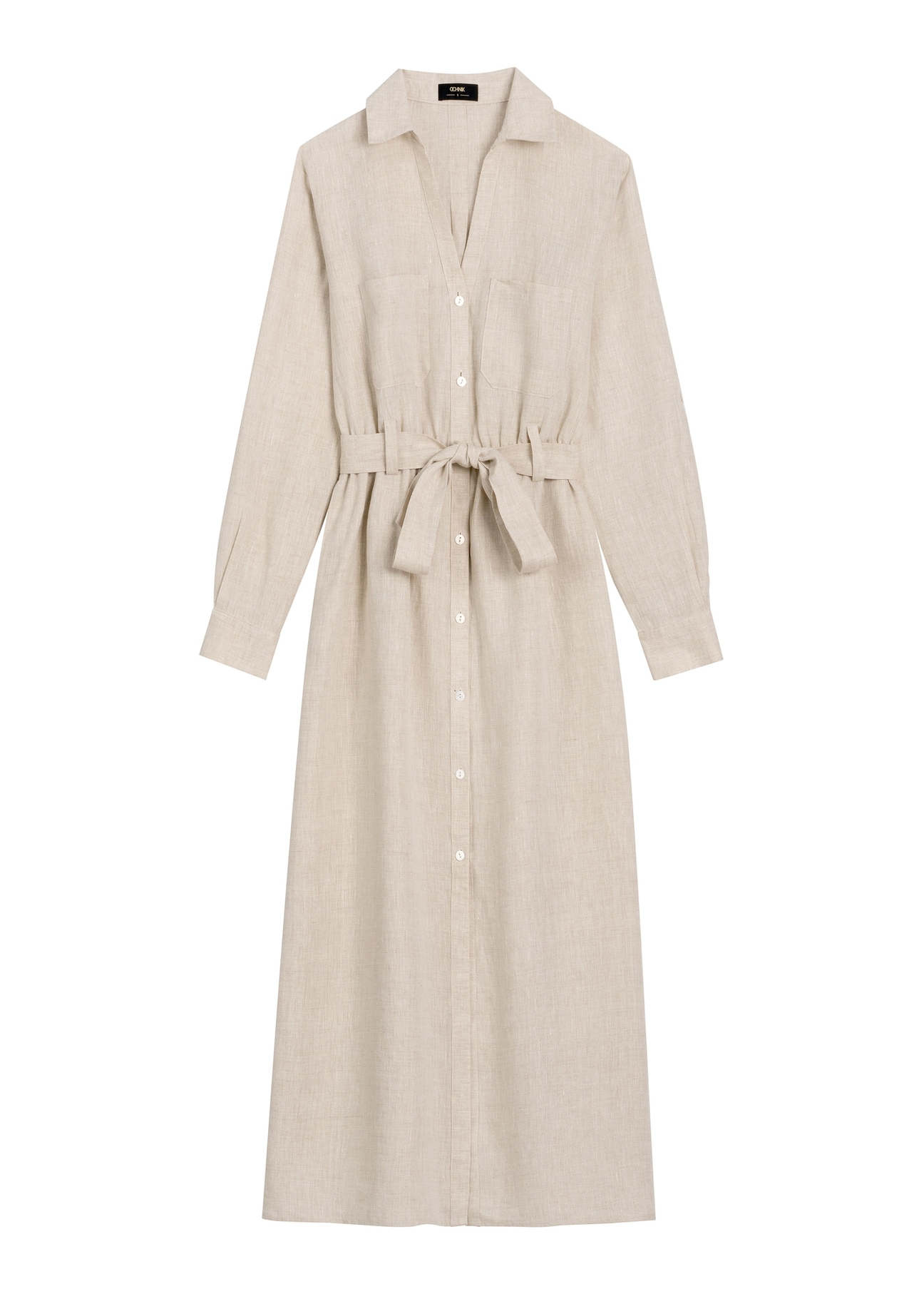 Beige linen midi dress SUKDT-0282-1A(W26), front product view on white background.