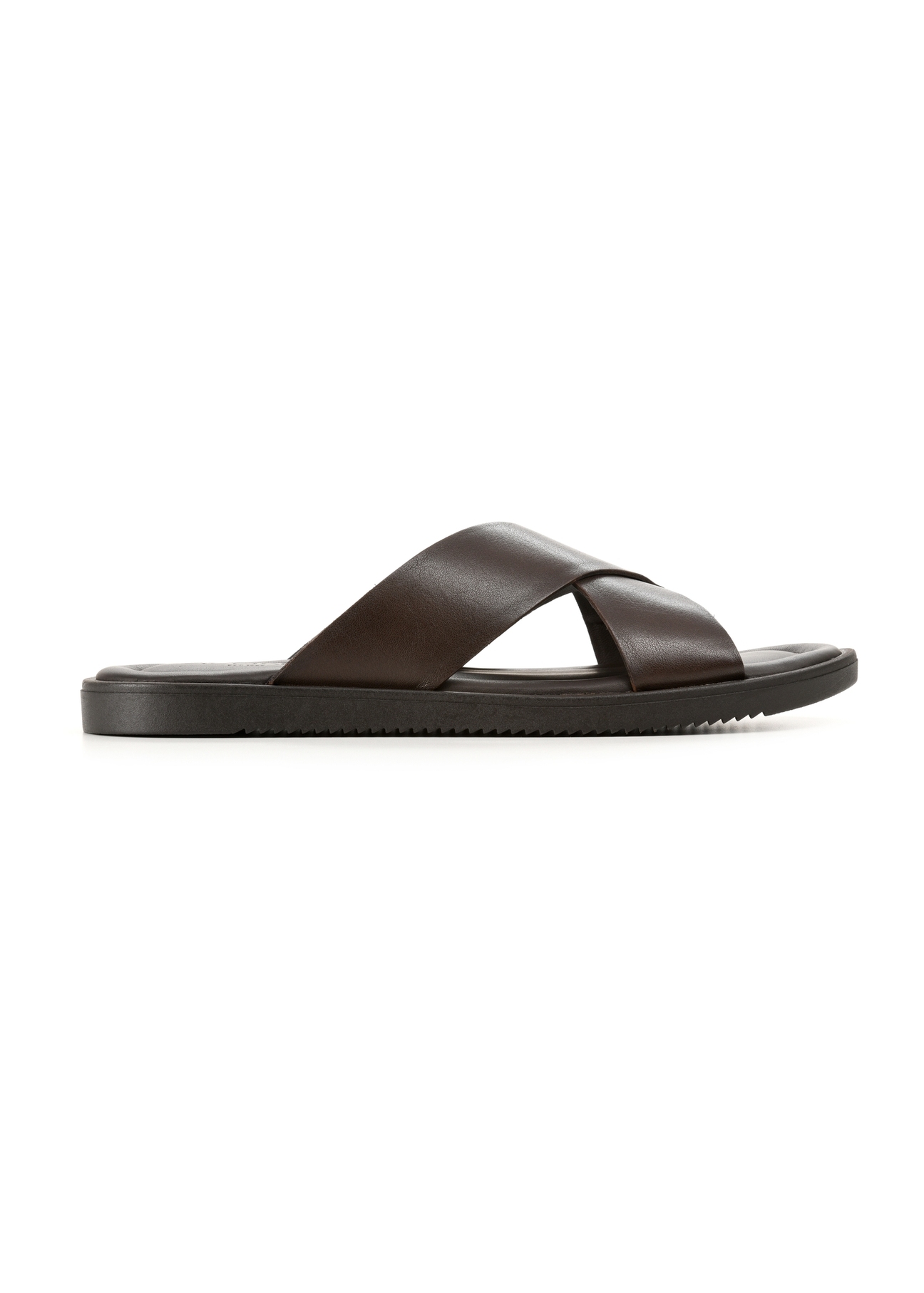 Men's dark brown leather slides BUTYM-0536-1I(W26), side view of the product on a white background.
