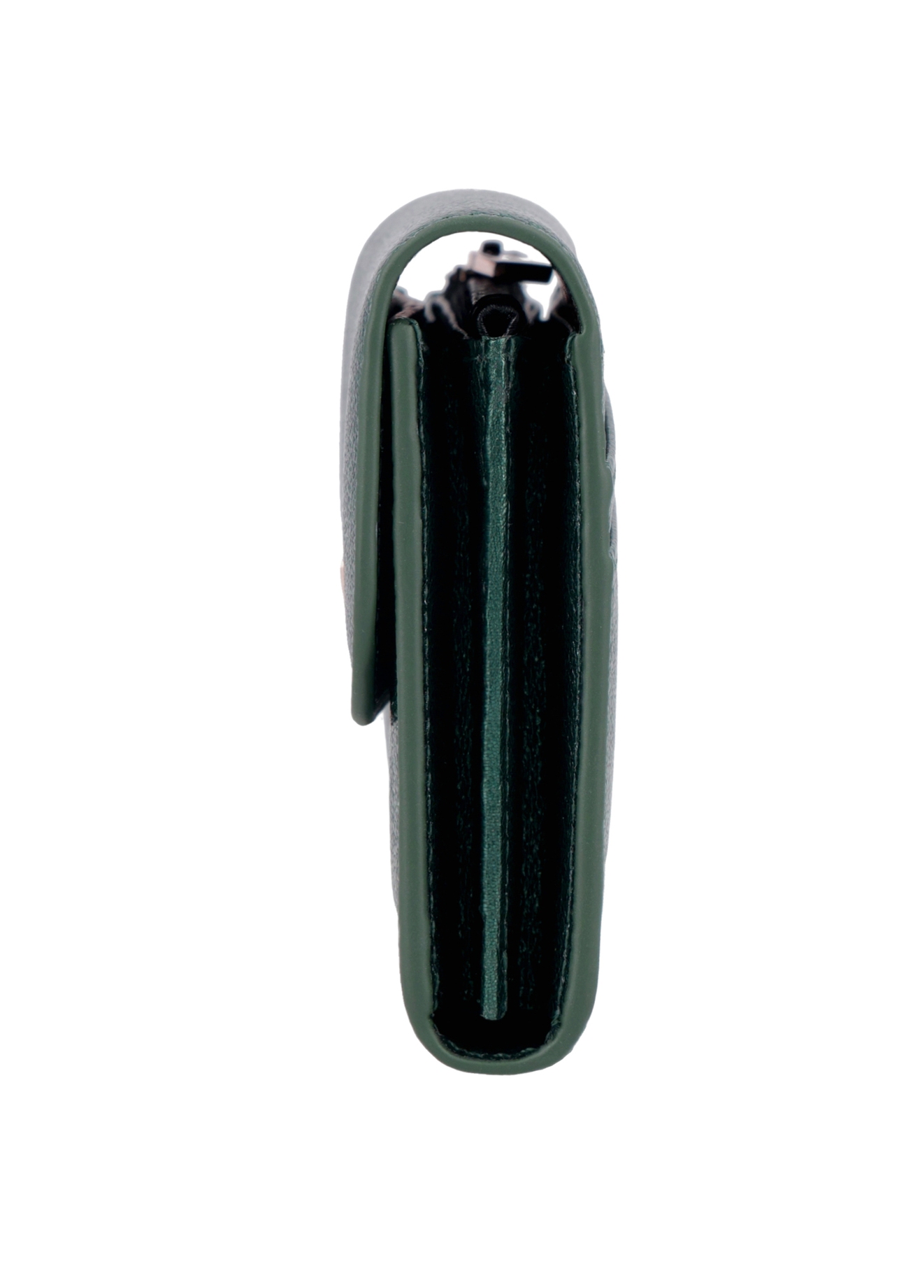 Small women's leather wallet in dark green color PORES-1029-8C(Z26), side view of the product on a white background.