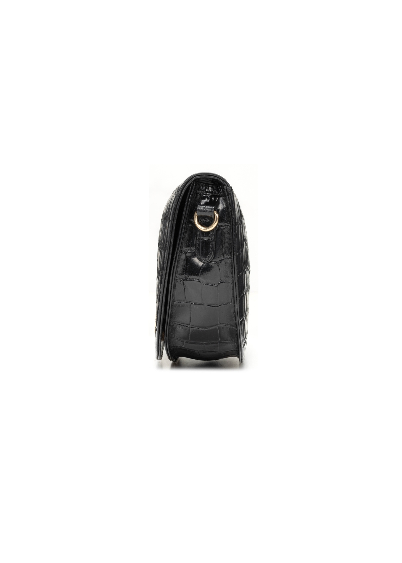 Black leather semi-circular croco messenger bag TORES-1230-9G(W26), product view from the side on a white background.