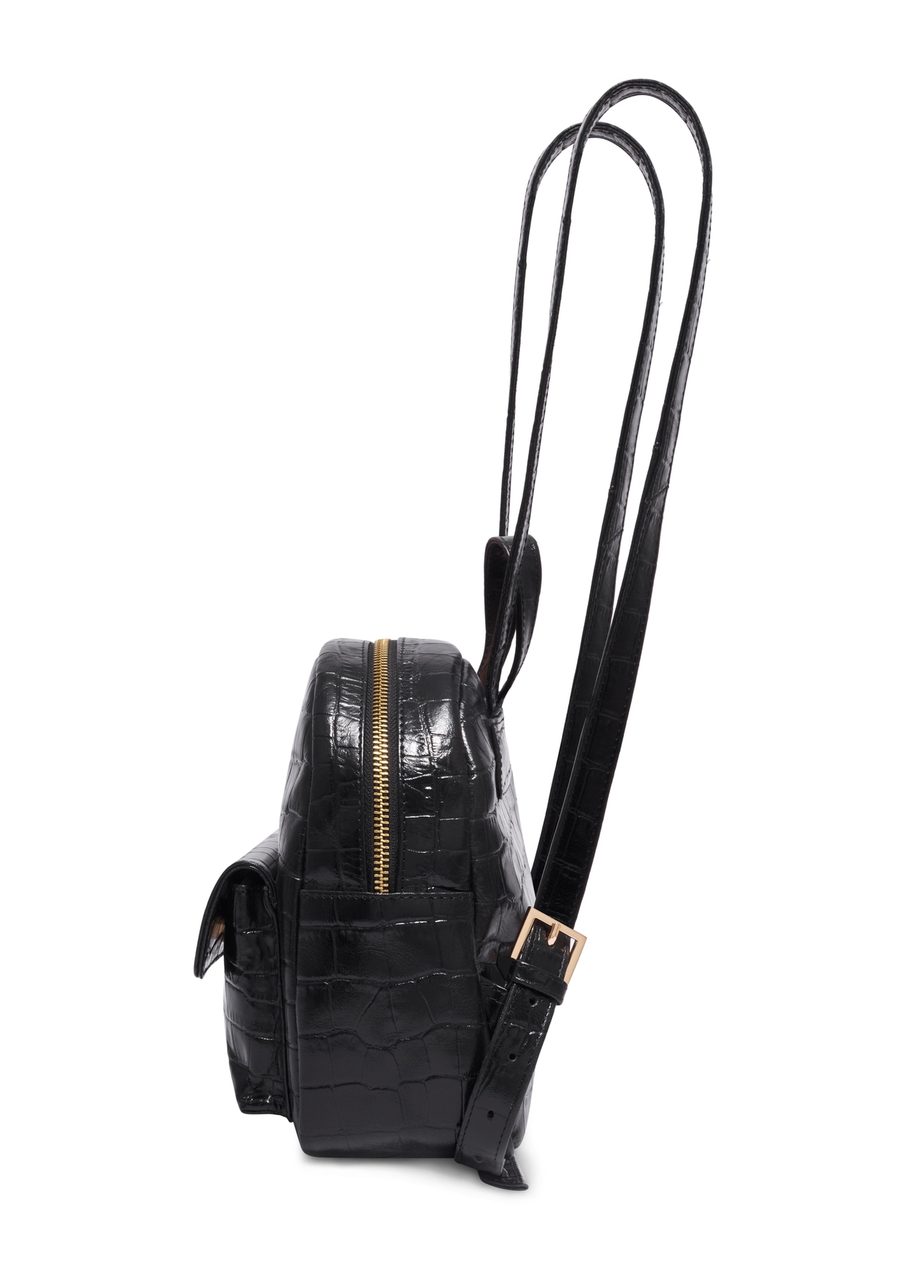 Black women's crocodile-effect leather backpack TORES-1323-9G(Z26), side view, on a white background.