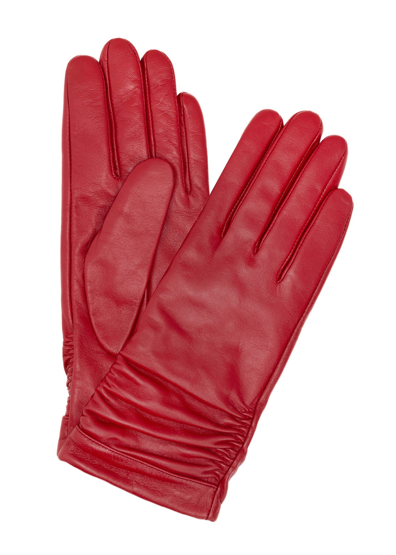 Red women's leather gloves REKDS-0096-42(Z25) - front product view on white background.