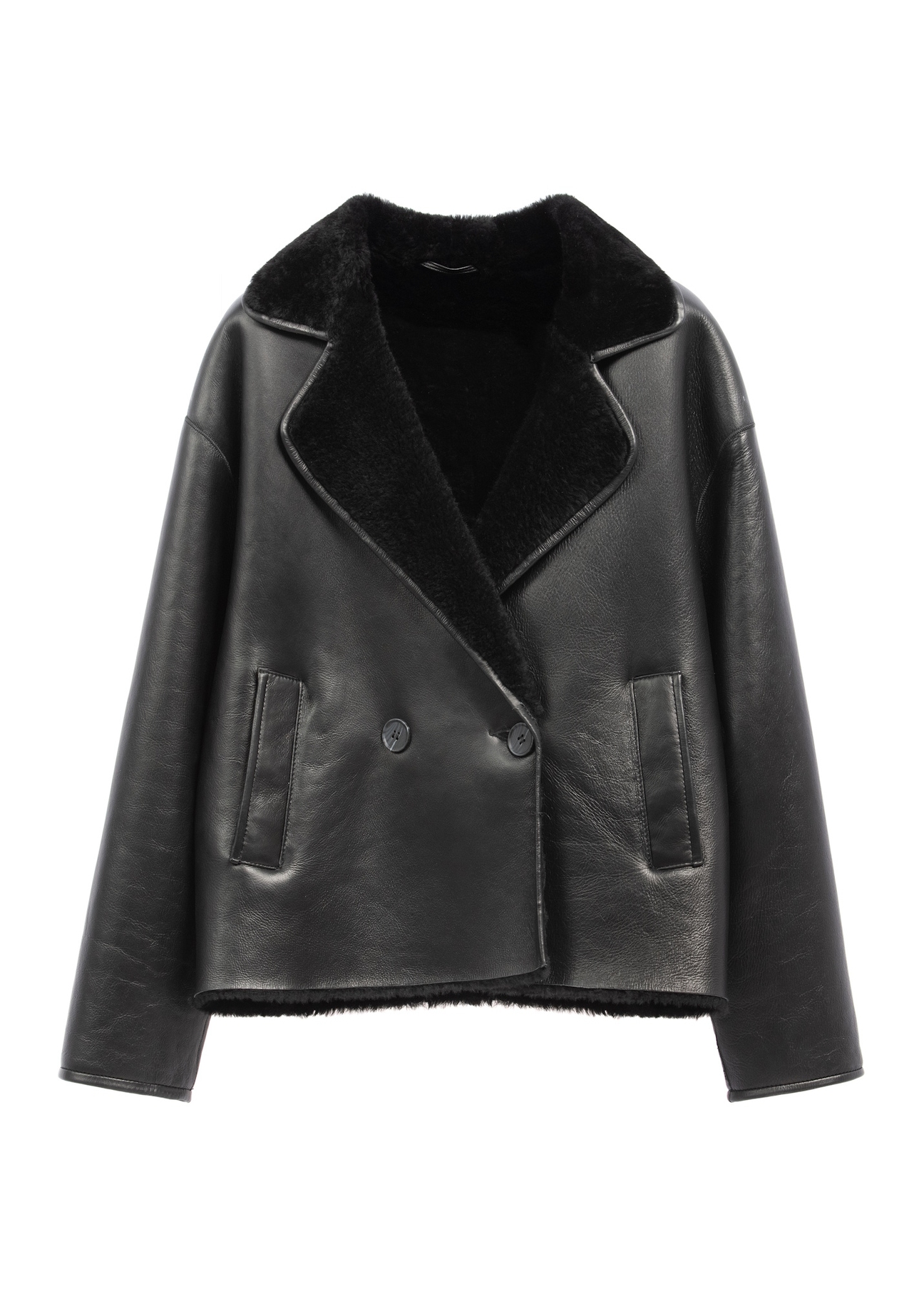 Women's black leather shearling coat KOZDS-0105-99(Z26), front view on a white background.