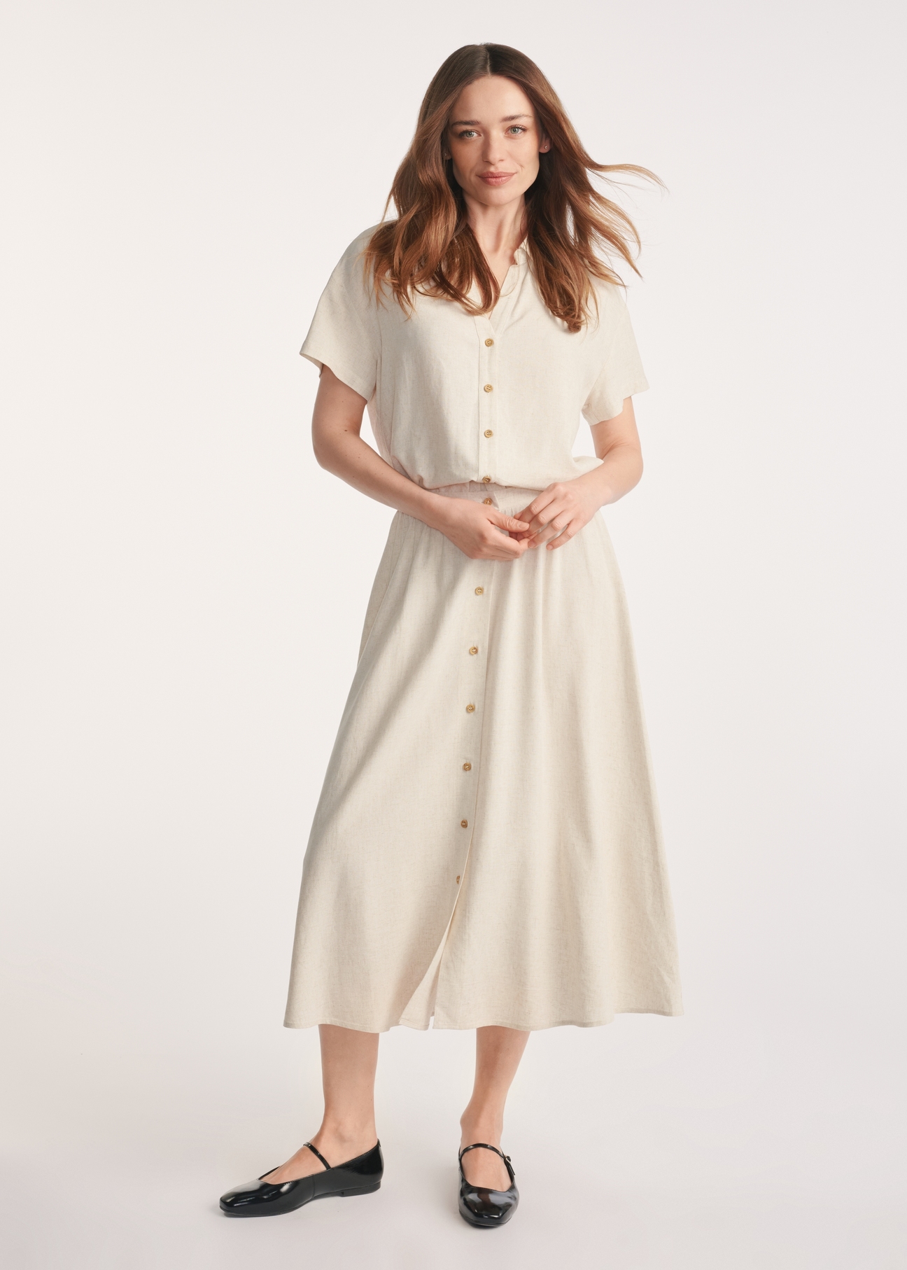 Beige midi skirt with linen SPCDT-0120-81(W25) - product view from the front on a white background. Full silhouette visible.