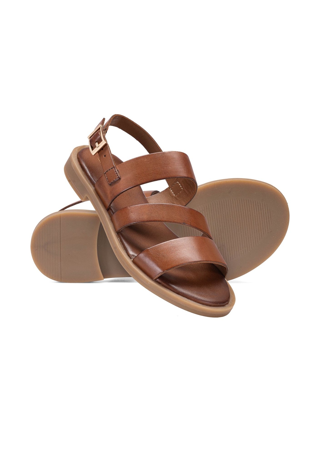 Women's leather sandals in cognac color BUTYD-1152-1F(W26), diagonal product view on a white background.