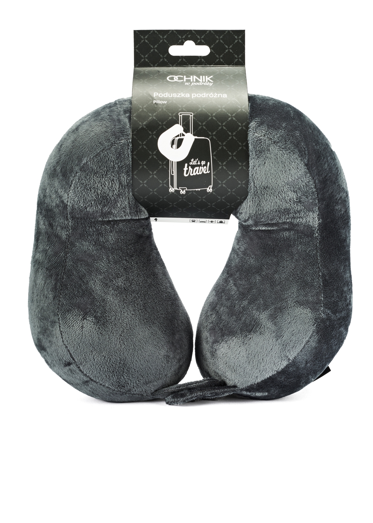 Gray travel pillow AW-014-0001-91(W25), front view of the product in the packaging on a white background.