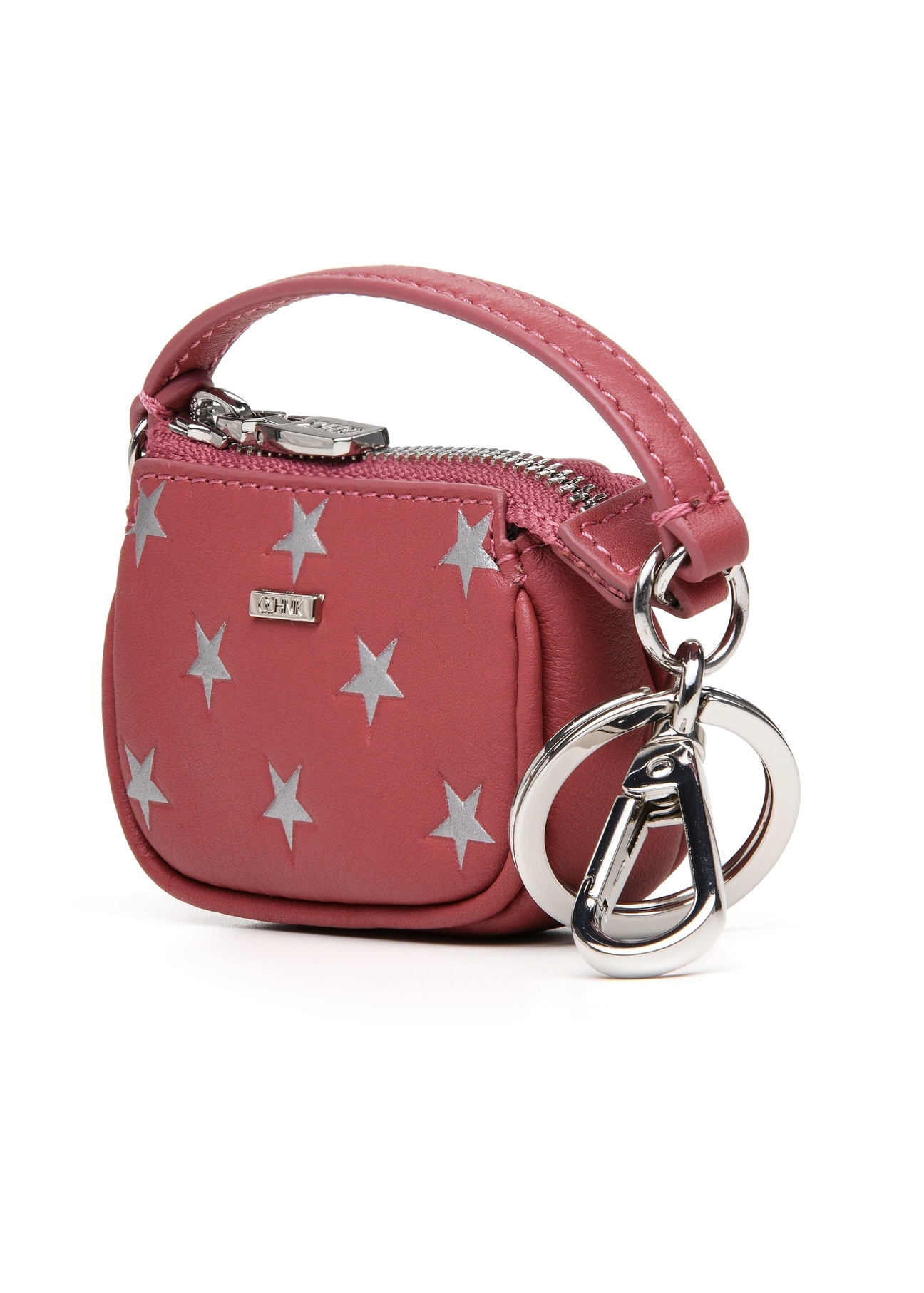 Pink leather bag-shaped keychain BRELOK-0212-31(Z25), diagonal product view on white background.
