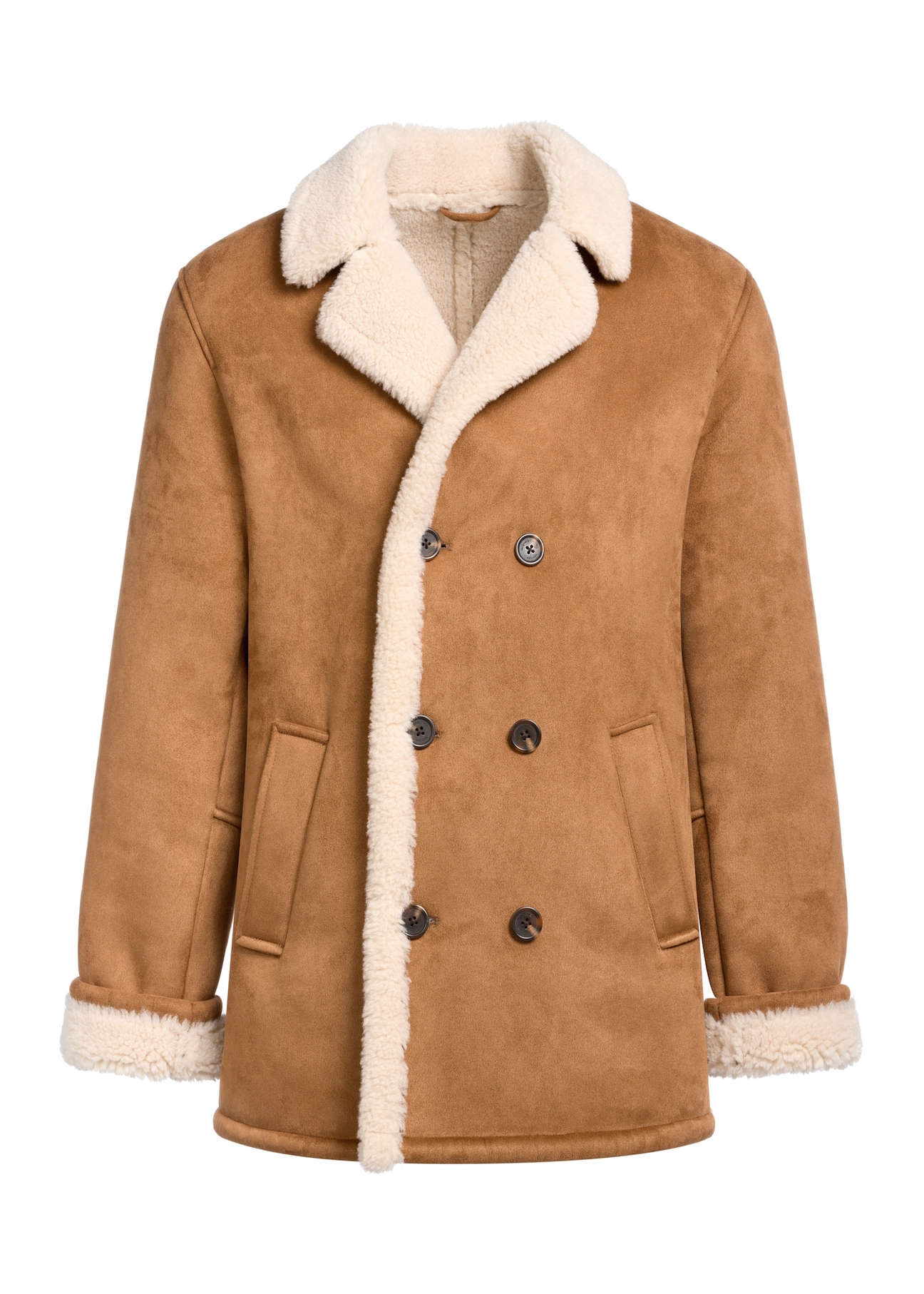 Men's sheepskin coat in camel color KOZMP-0010-24(Z25), product view from the front on a white background.