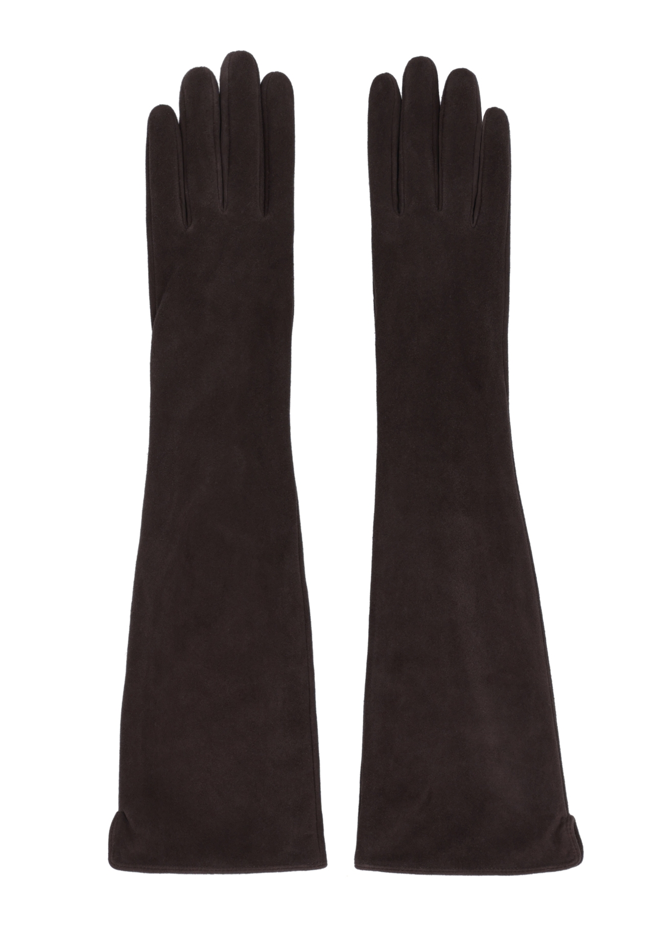 Long dark brown leather women's gloves REKDS-0088-1I(Z26), front product view on white background.