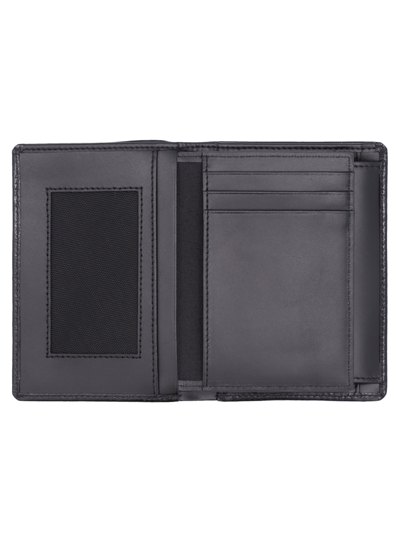 Black leather men's wallet PORMS-0723-9P(Z26), interior view on a white background.