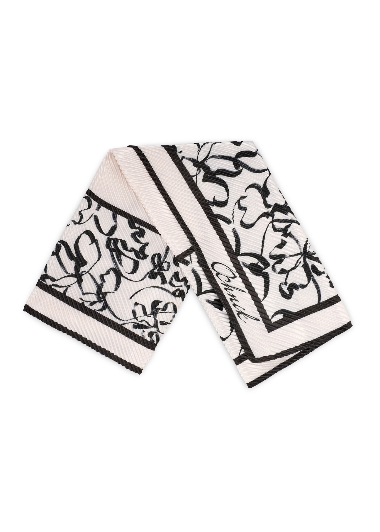 Beige women's scarf with black patterns SZADT-0172-1P(W26), view of the folded product on a white background.