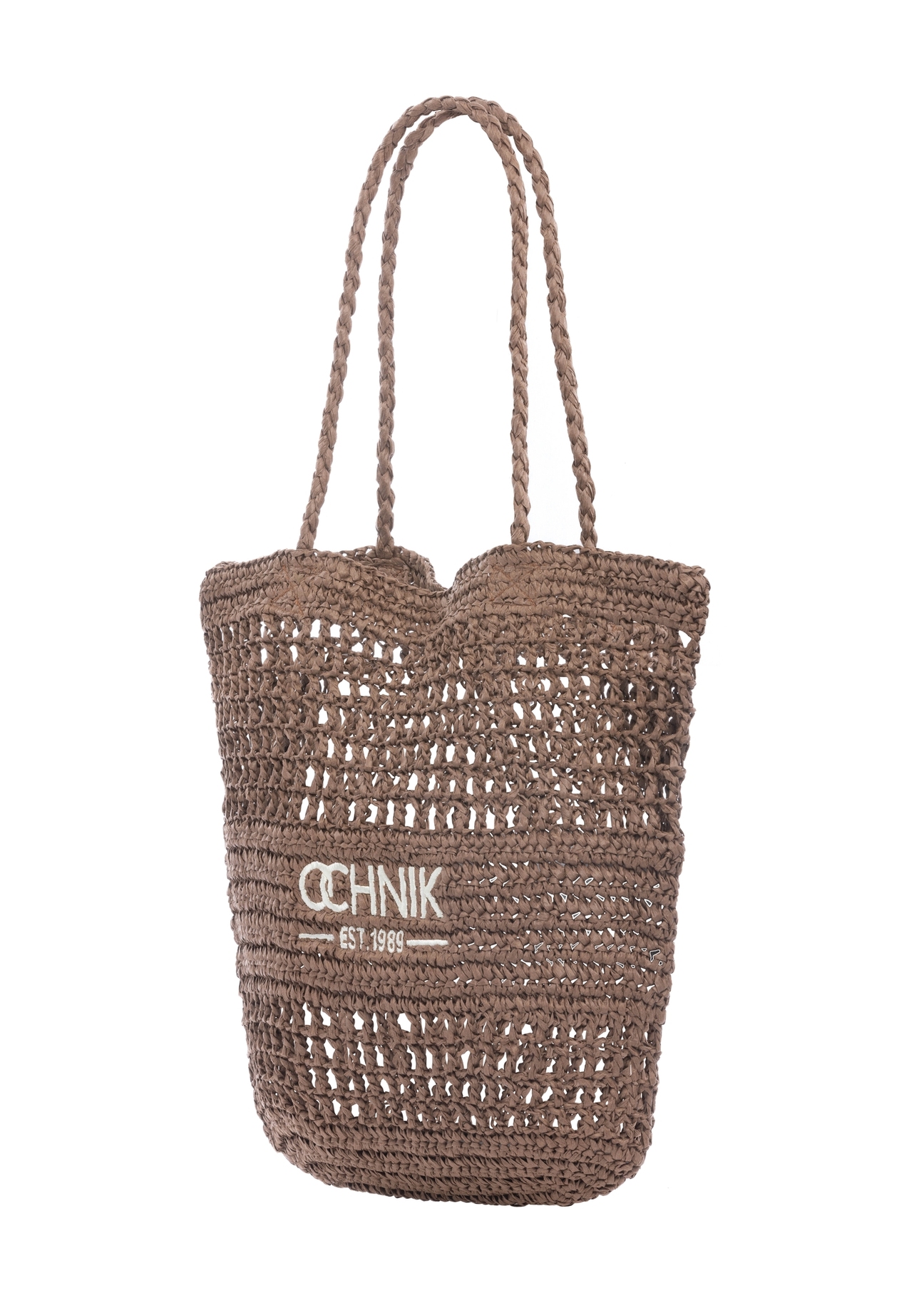 Straw brown women's shopper bag TOREC-0924-1H(W26), diagonal product view on white background.