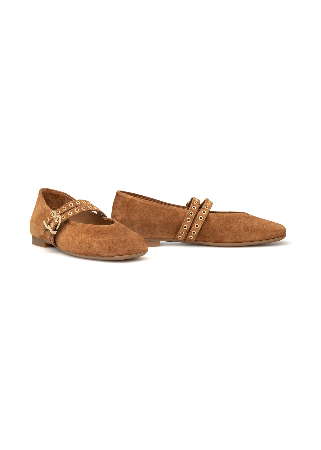 Women's suede ballet flats in camel color BUTYD-1243-1D(W26), diagonal product view on a white background.