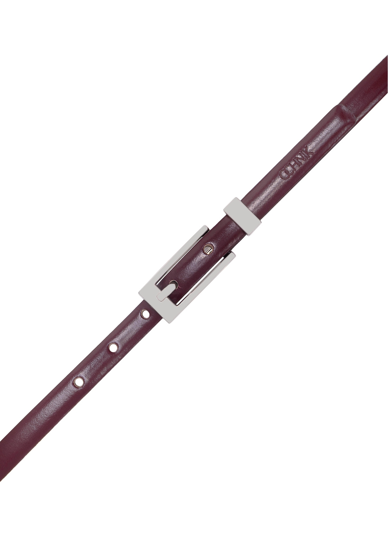 Thin burgundy leather women's belt PASDS-0150C-49(Z25), product view with buckle on white background.