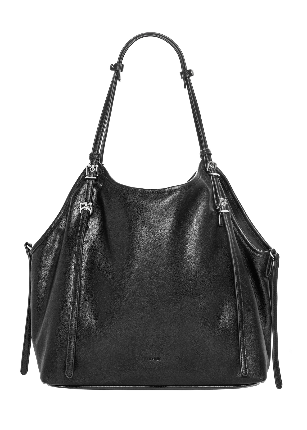 Women's black imitation leather shopper bag TOREC-1371-99(Z26), front product view on white background.