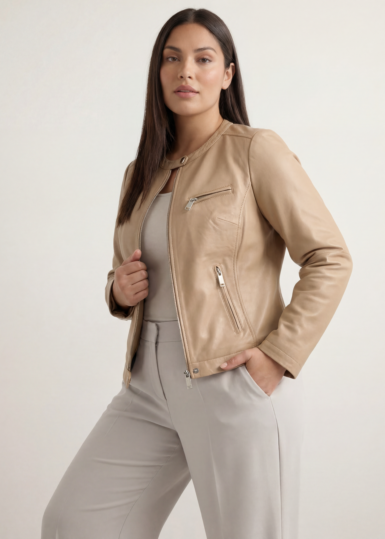 Beige women's leather jacket KURDS-0154 L-1B(W26), diagonal product view on the model.