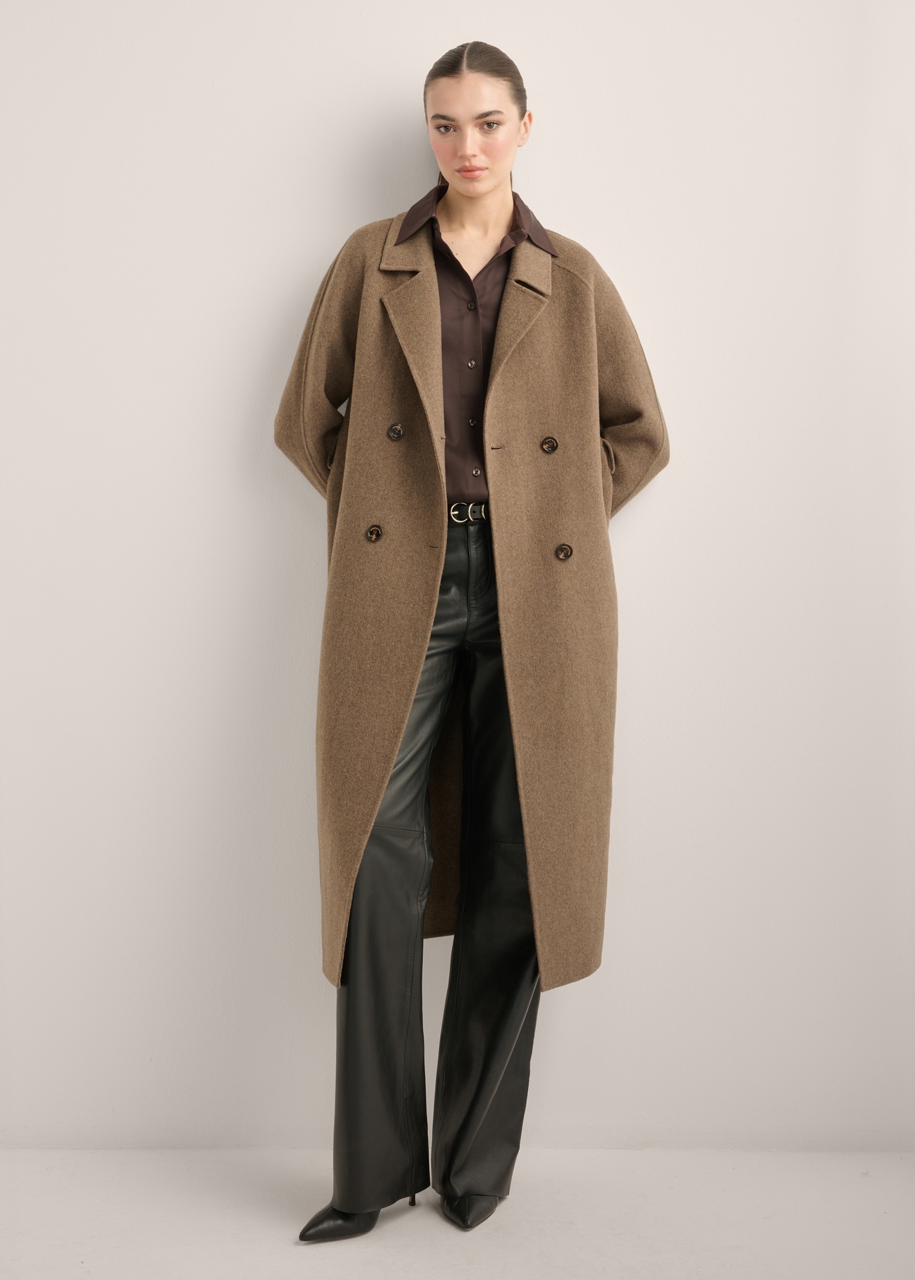 Women's long brown wool coat PLADT-0070-1K(Z26) - front product view, on a white background. Full silhouette visible.