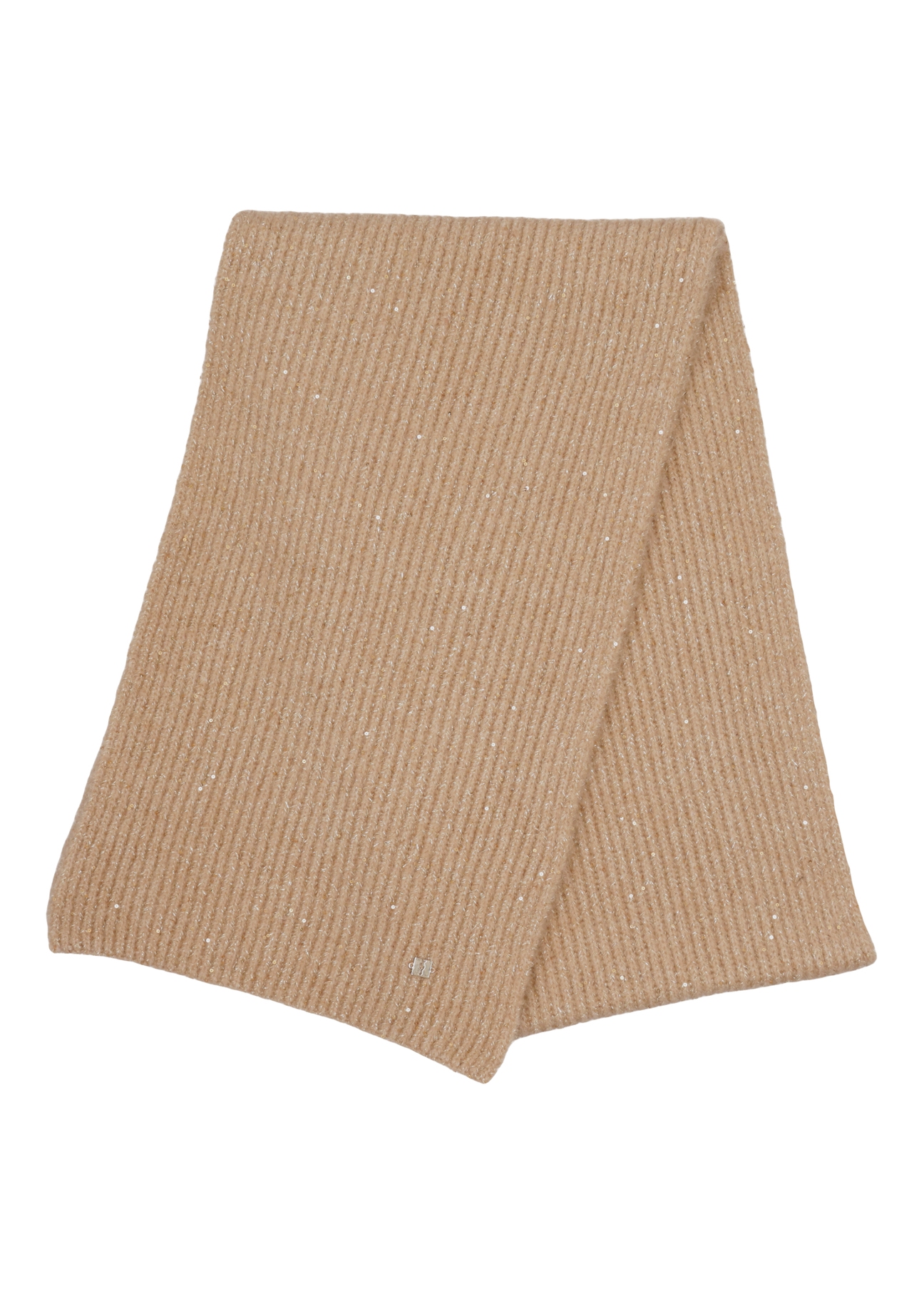 Women's camel scarf with sequins SZADT-0225-1D(Z26), front product view on white background.