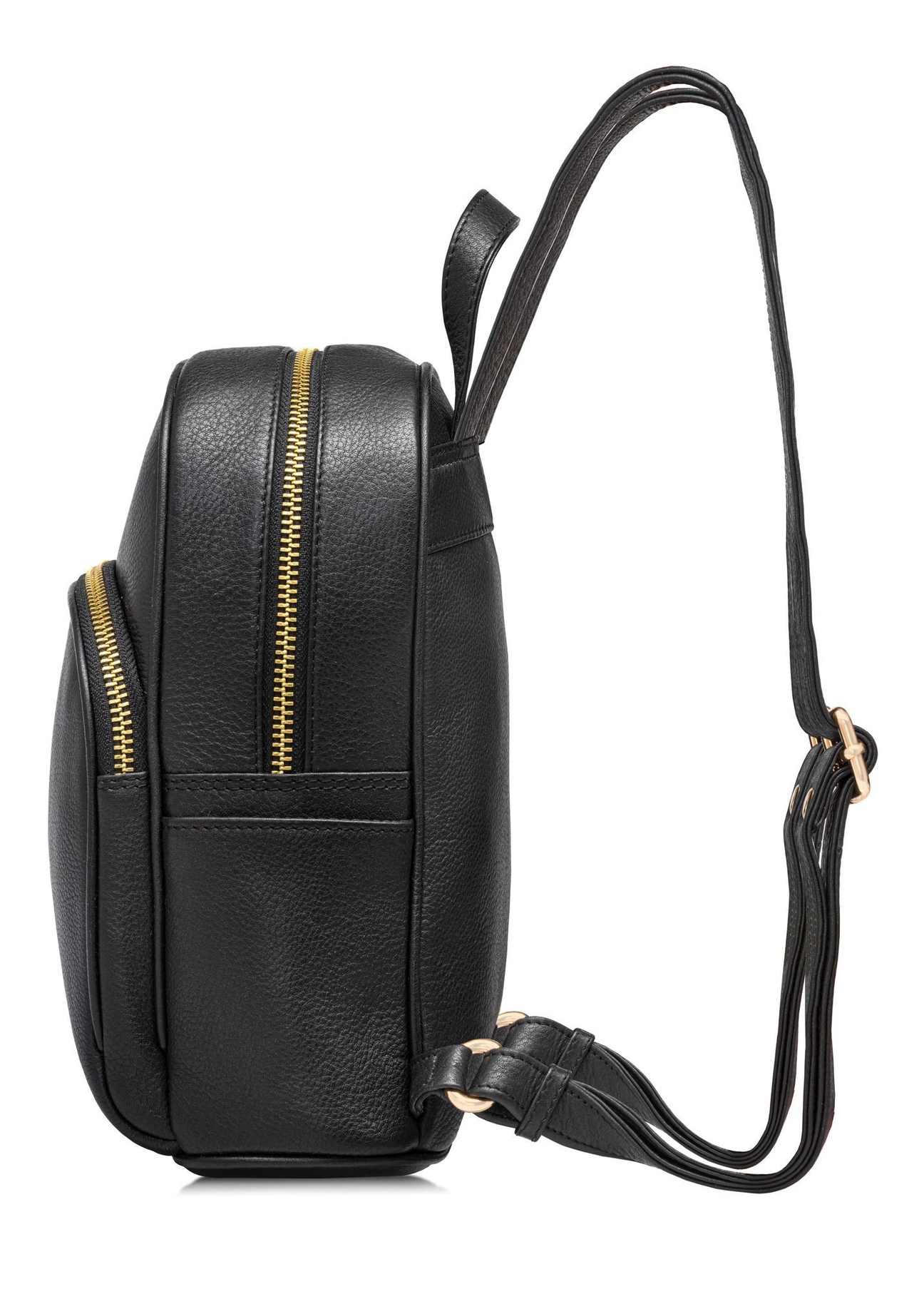 Black leather women's backpack TORES-1089A-99(W26), side product view on white background.