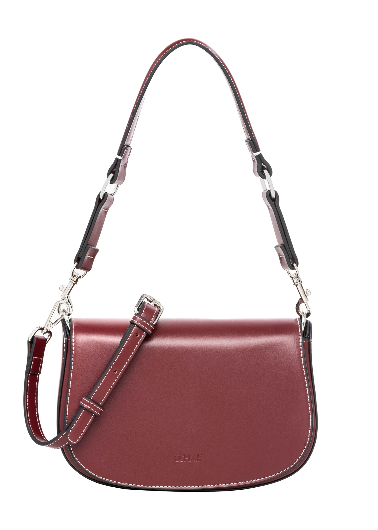Dark red women's handbag with stitching, model TOREC-1380-4C(Z26); front view of the product on a white background.