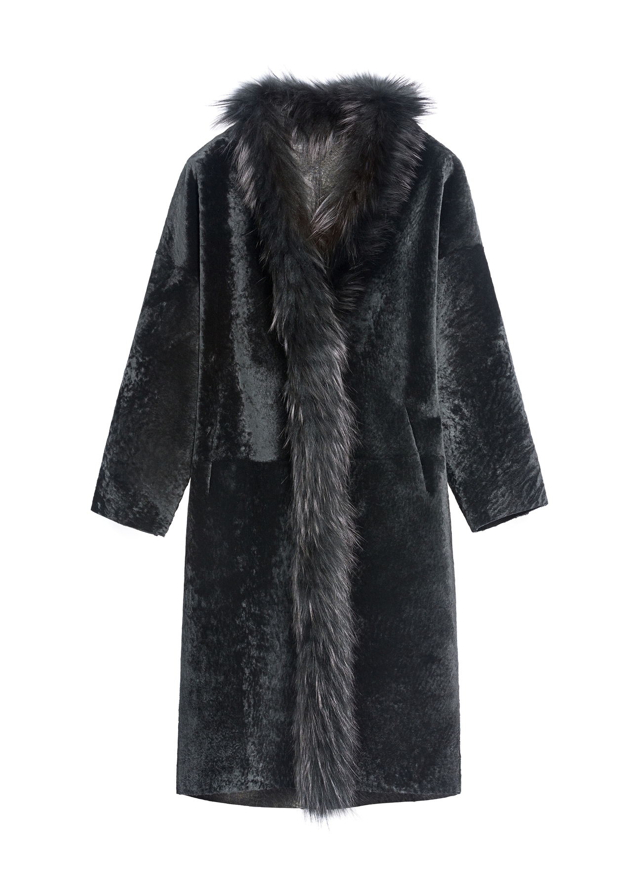 Black leather double-sided women's sheepskin coat KOZDS-0093-1396(Z25), product view from the front on a white background.