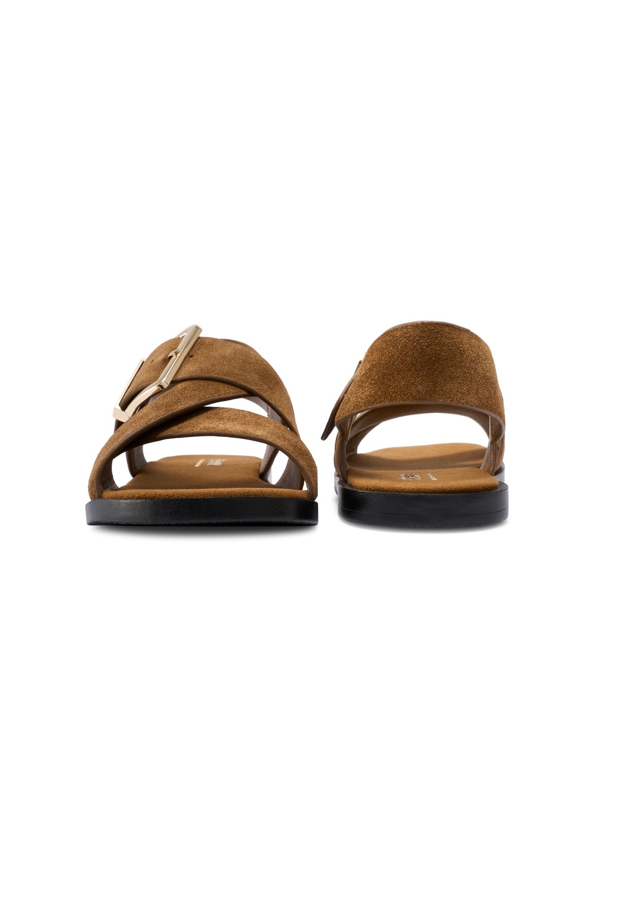 Women's cognac suede sandals BUTYD-1238-1F(W26) - front and back product view, on a white background.