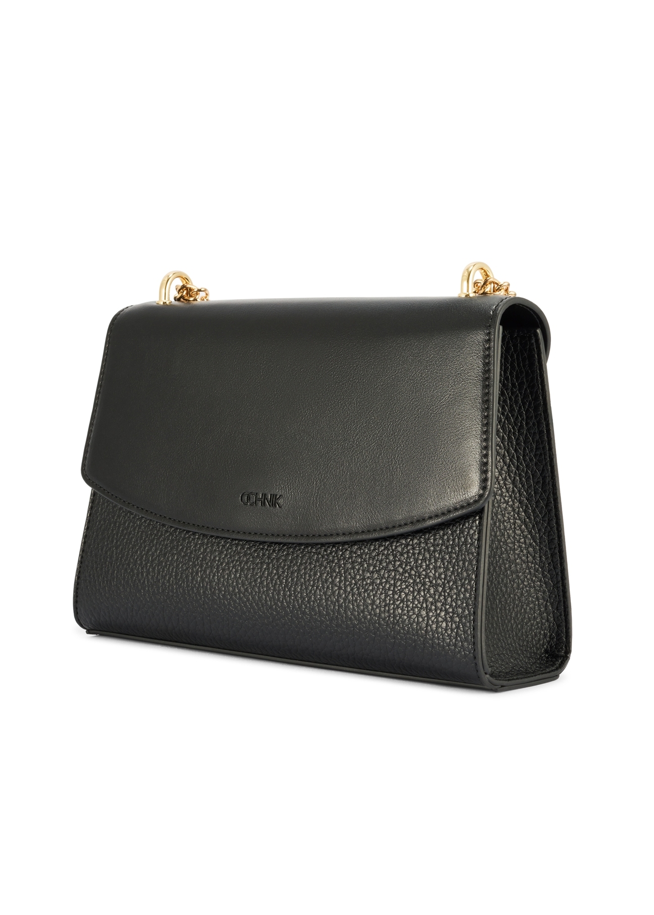 Black elegant women's messenger bag TOREC-1165-99(W26) - diagonal product view, on a white background.