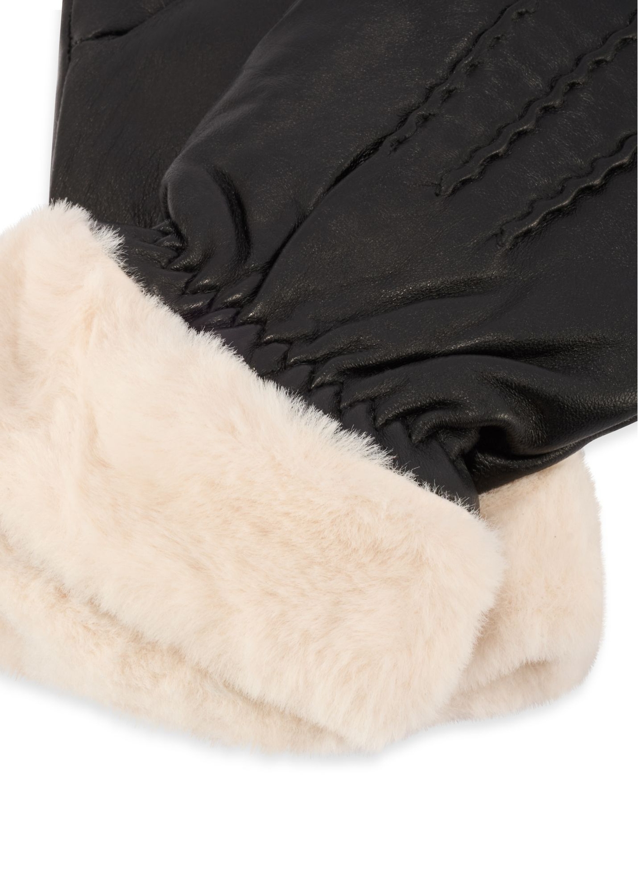 Black women's leather gloves with fur REKDS-0095-99(Z26), close-up of the product detail on a white background.