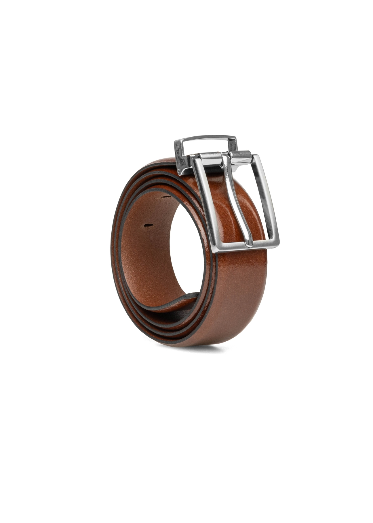 Men's leather belt in cognac color PASMS-0263-1F(W26), diagonal product view on white background.